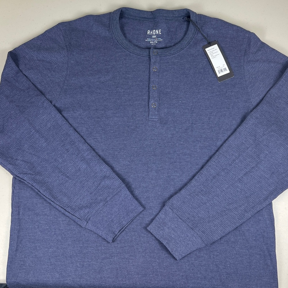 Rhone Men's Cotton Poly Waffle Navy Heather Long Sleeve Henley NWT - Picture 2 of 10
